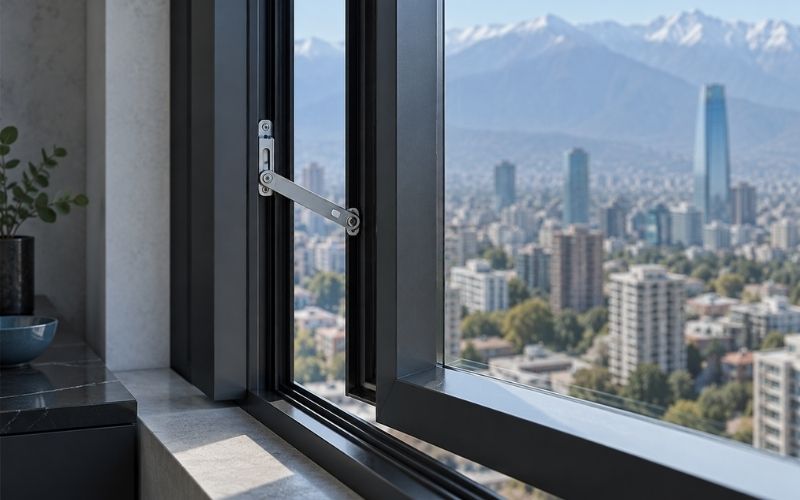 Ventana de aluminio con limitador de apertura